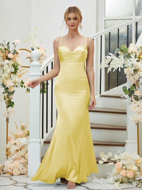 Sheath/Column Silk like Satin Ruched V-neck Sleeveless Floor-Length Bridesmaid Dresses