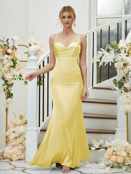 Sheath/Column Silk like Satin Ruched V-neck Sleeveless Floor-Length Bridesmaid Dresses