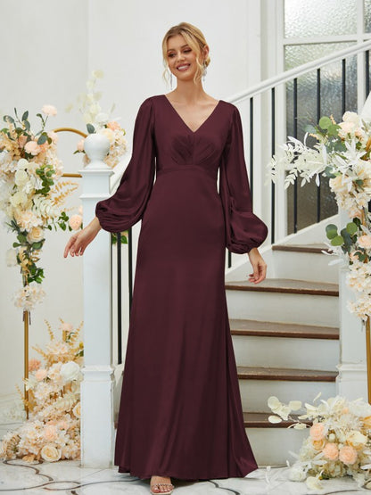 Sheath/Column Silk like Satin Ruched V-neck Long Sleeves Floor-Length Bridesmaid Dresses