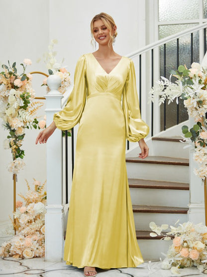 Sheath/Column Silk like Satin Ruched V-neck Long Sleeves Floor-Length Bridesmaid Dresses