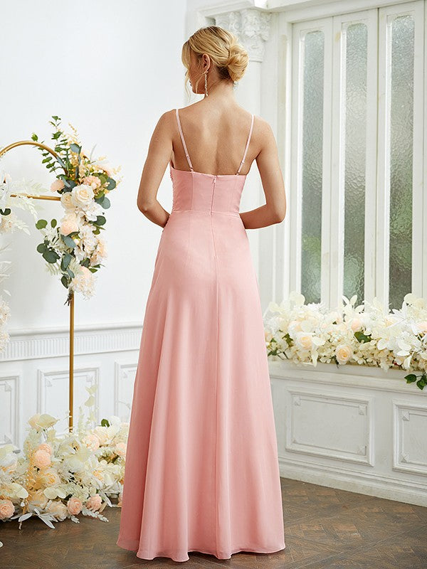 A-Line/Princess Chiffon Ruched V-neck Sleeveless Floor-Length Bridesmaid Dresses