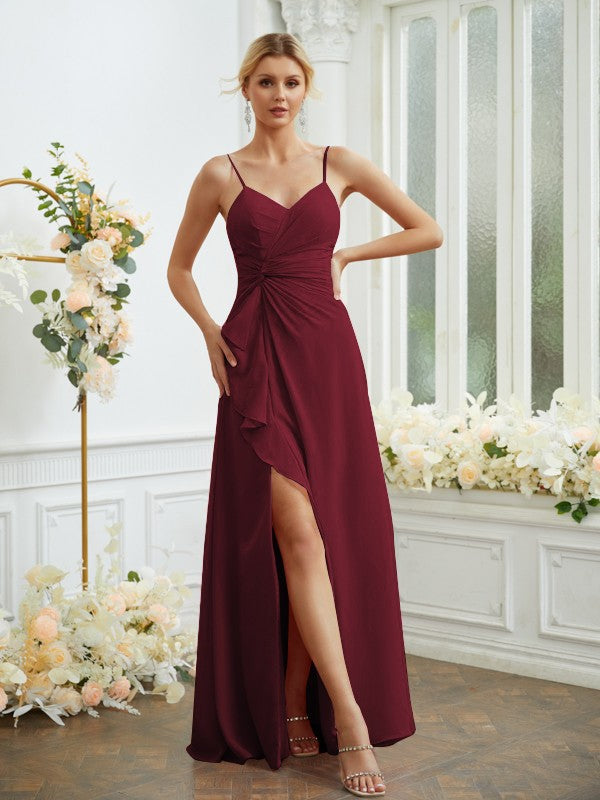 A-Line/Princess Chiffon Ruched V-neck Sleeveless Floor-Length Bridesmaid Dresses