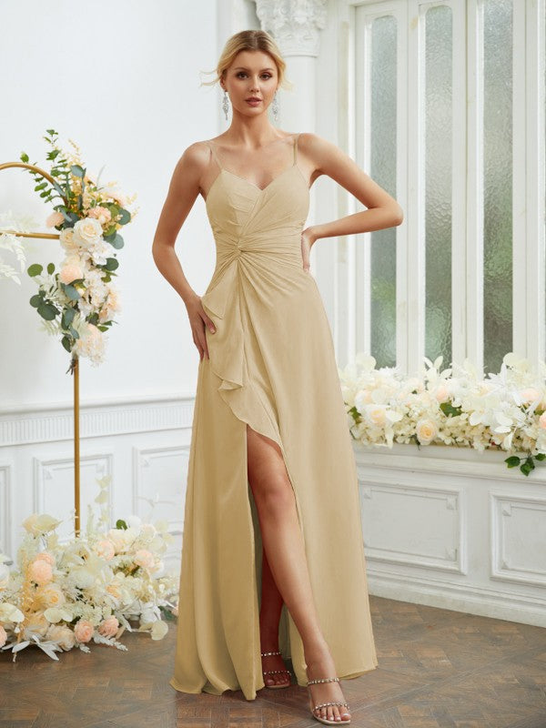 A-Line/Princess Chiffon Ruched V-neck Sleeveless Floor-Length Bridesmaid Dresses