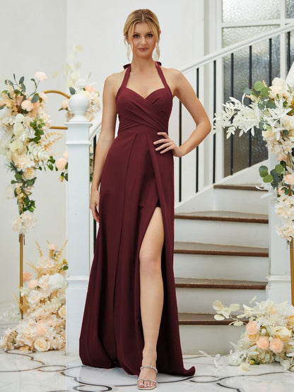 A-Line/Princess Stretch Crepe Ruched Halter Sleeveless Floor-Length Bridesmaid Dresses