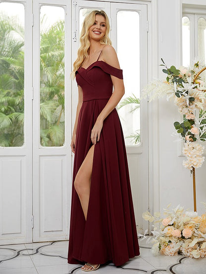 A-Line/Princess Stretch Crepe Ruffles Spaghetti Straps Sleeveless Floor-Length Bridesmaid Dresses