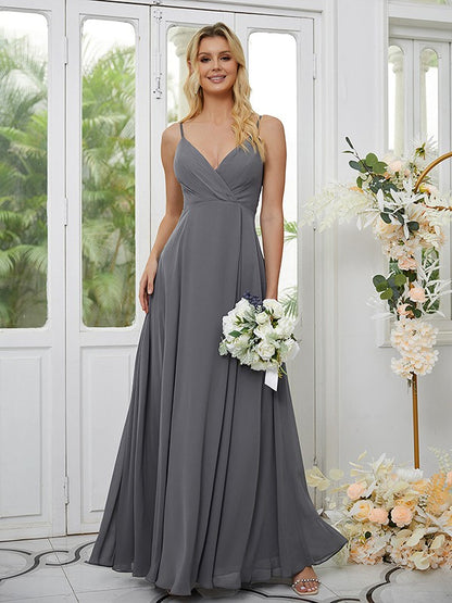 A-Line/Princess Chiffon Ruched V-neck Sleeveless Floor-Length Bridesmaid Dresses