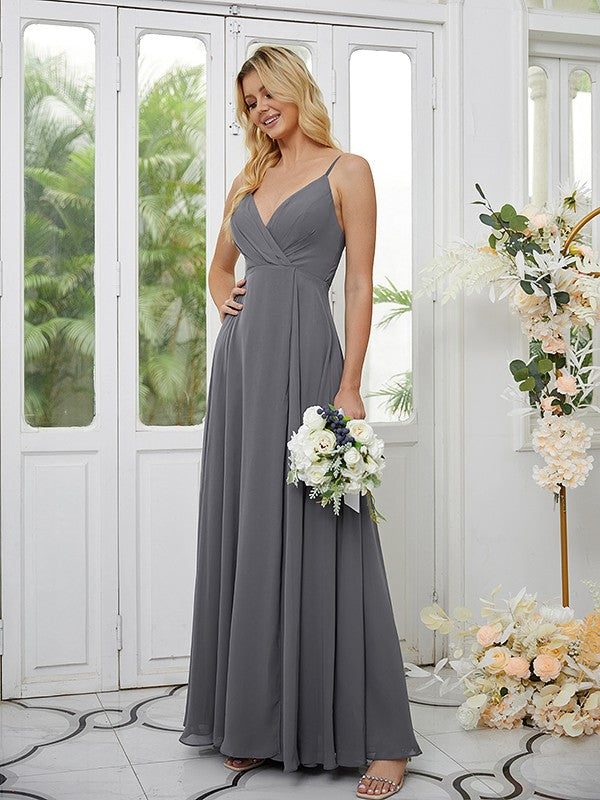 A-Line/Princess Chiffon Ruched V-neck Sleeveless Floor-Length Bridesmaid Dresses