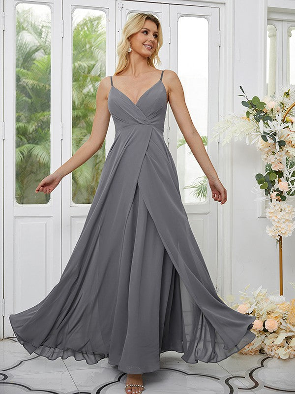 A-Line/Princess Chiffon Ruched V-neck Sleeveless Floor-Length Bridesmaid Dresses