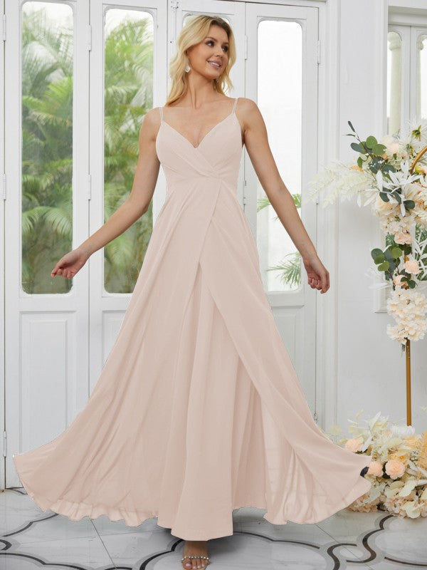 A-Line/Princess Chiffon Ruched V-neck Sleeveless Floor-Length Bridesmaid Dresses