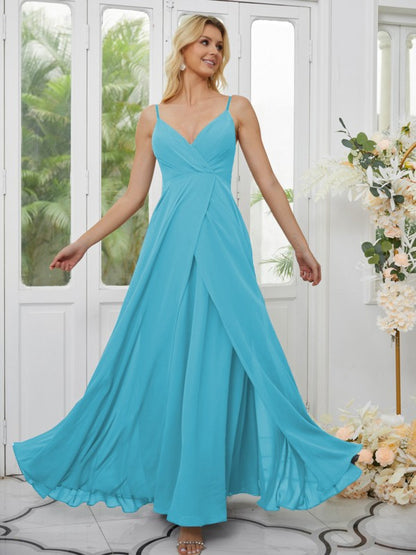 A-Line/Princess Chiffon Ruched V-neck Sleeveless Floor-Length Bridesmaid Dresses