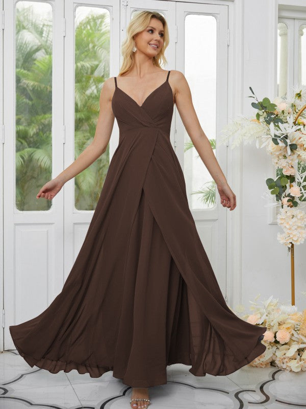 A-Line/Princess Chiffon Ruched V-neck Sleeveless Floor-Length Bridesmaid Dresses