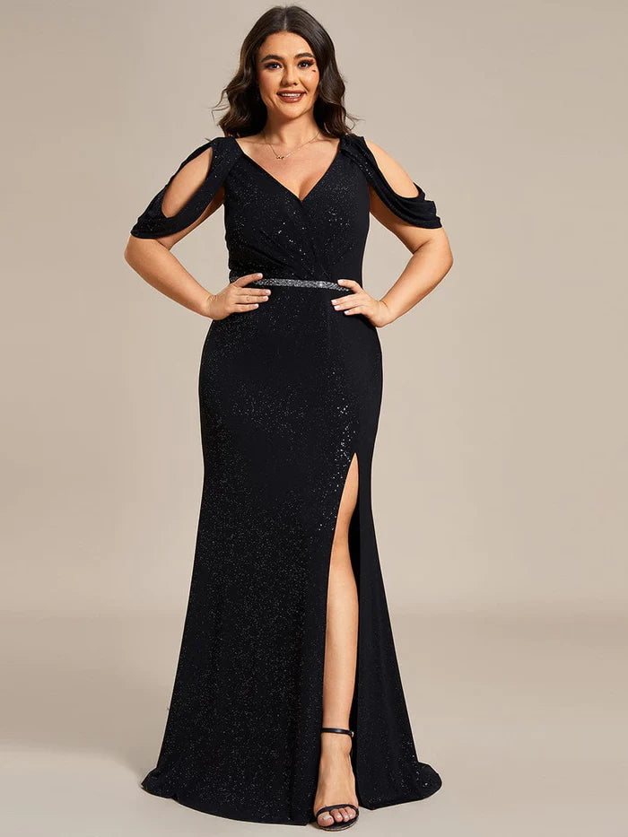 Plus Size Sparkly Glitter Cold Shoulder Shiny Belt Backless Evening Dress