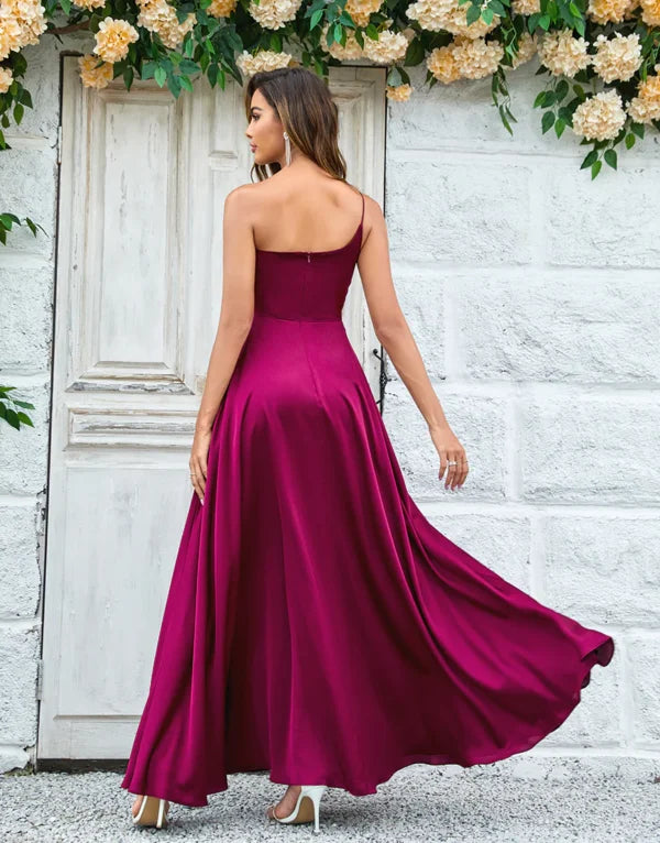 A-Line One Shoulder Burgundy Long with Ruffles Bridesmaid Dress