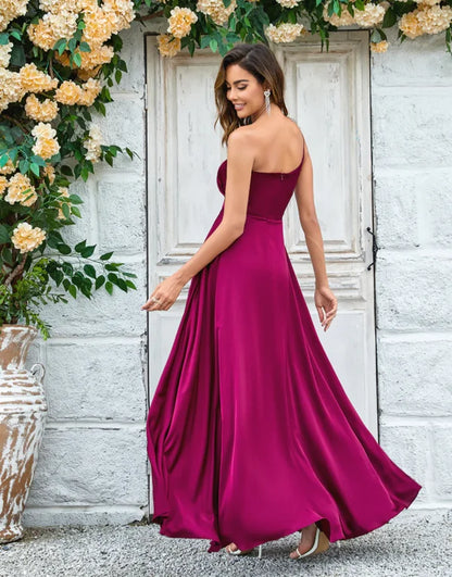 A-Line One Shoulder Burgundy Long with Ruffles Bridesmaid Dress