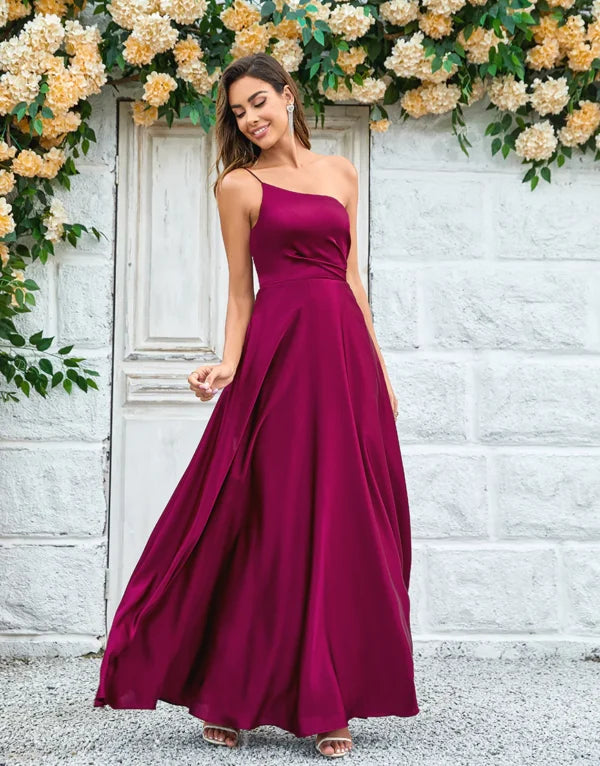 A-Line One Shoulder Burgundy Long with Ruffles Bridesmaid Dress