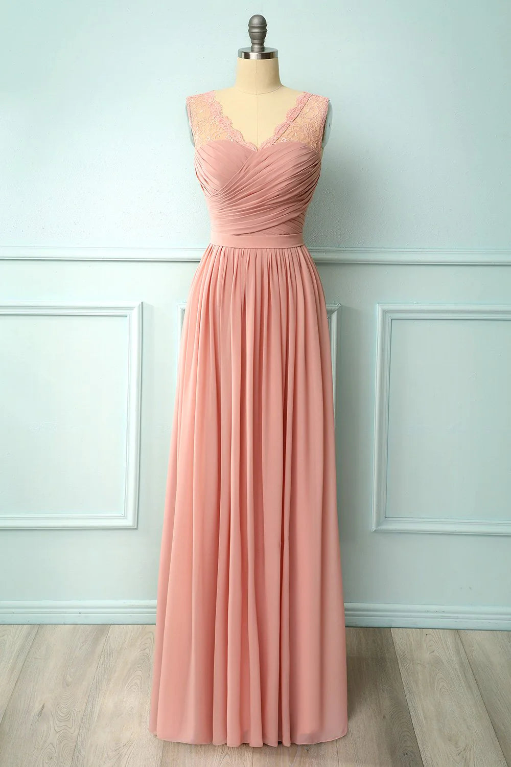 Long V-neck Lace Sleeveless Bridesmaid Dress