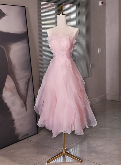 Pink Tulle Beaded Low Back Short Party Dress Pink Tulle Homecoming Dress