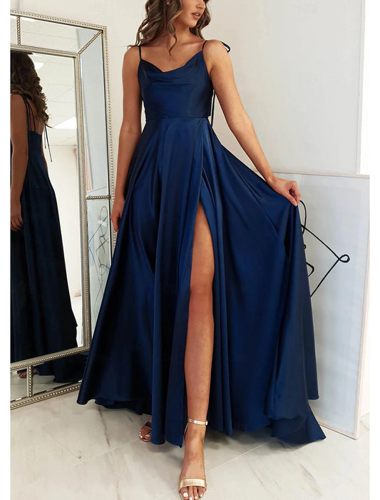 A-Line Wedding Guest Dresses Elegant Dress Formal Prom Floor Length Sleeveless Spaghetti Strap Satin with Ruched