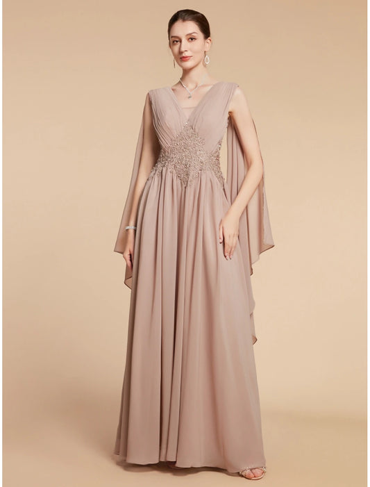 A-Line Mother of the Bride Dress Wedding Guest Elegant V Neck Ankle Length Chiffon Lace Sleeveless