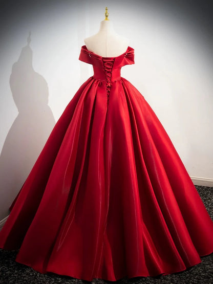 A-Line Off Shoulder Satin Red Long Prom Dress Evening Dress Ballgown