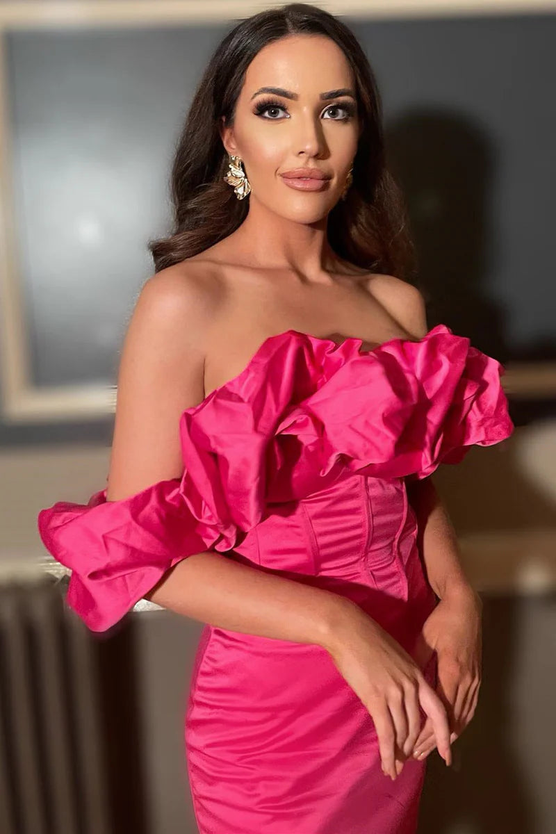 Hot Pink Sheath Off the Shoulder Ruffles Homecoming Dress