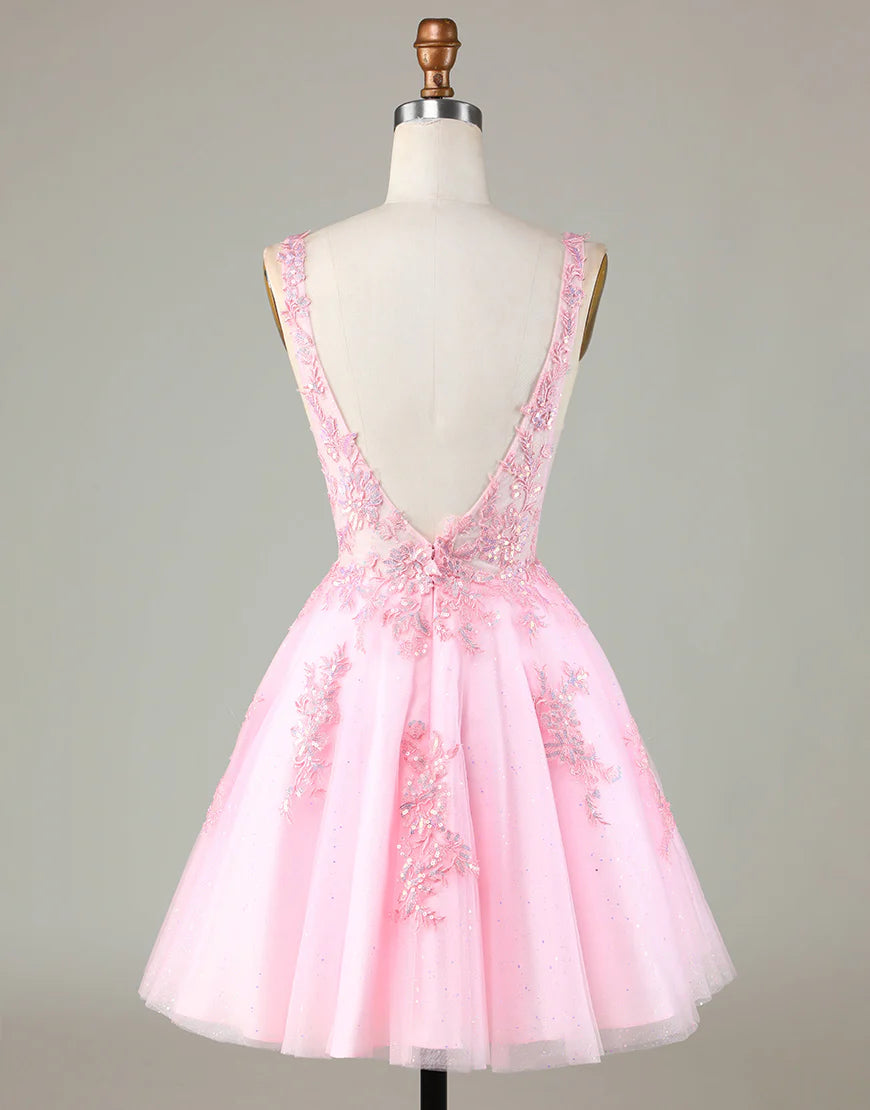 Pink Glitter Cut A-Line Homecoming Dress with Appliques