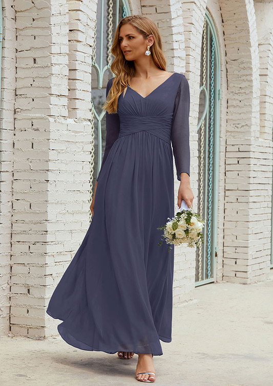A-line V Neck Full/Long Sleeve Ankle-Length Chiffon Mother of the Bride Dress With Pleated