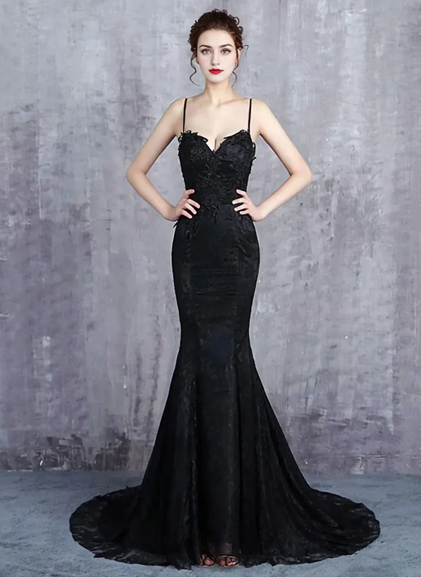 Mermaid Black Straps Long Formal Dress Evening Dress Prom Dress With Sweep Train