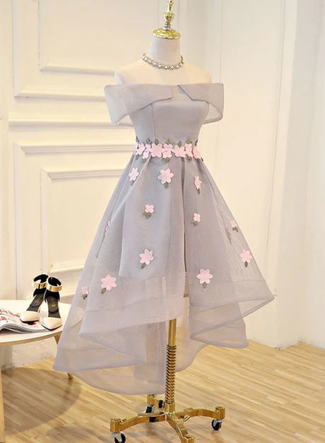 Light Grey Tulle with Flowers High Low Fashionable Party Dress Grey Homecoming Dresses