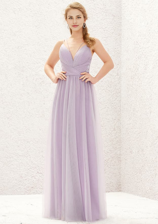 A-line V Neck Sleeveless Floor-Length Tulle Lace Bridesmaid Dress With Pleated