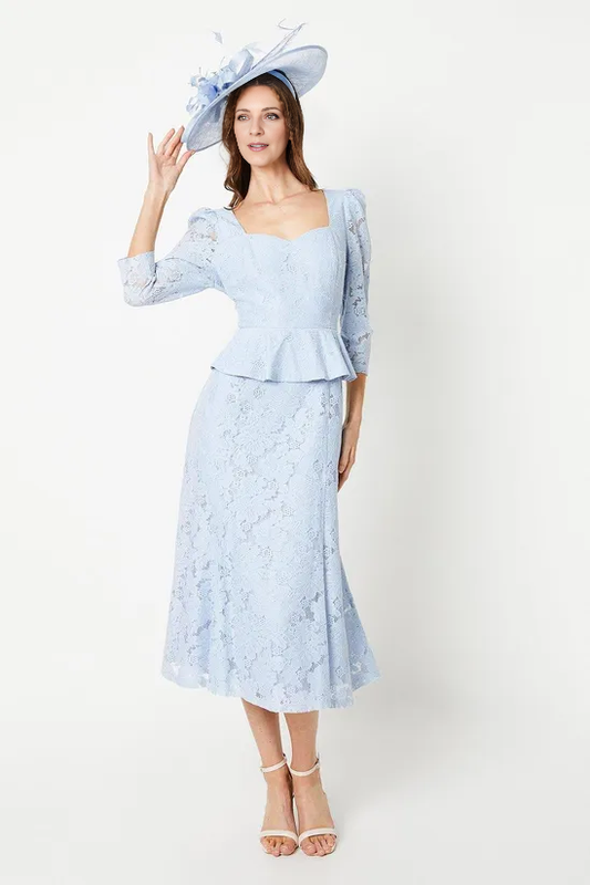 Light Blue Lace Belted Midi Dress 3/4 Length Sleeve Mother of the Bride Dresse Wedding Guest Dresses