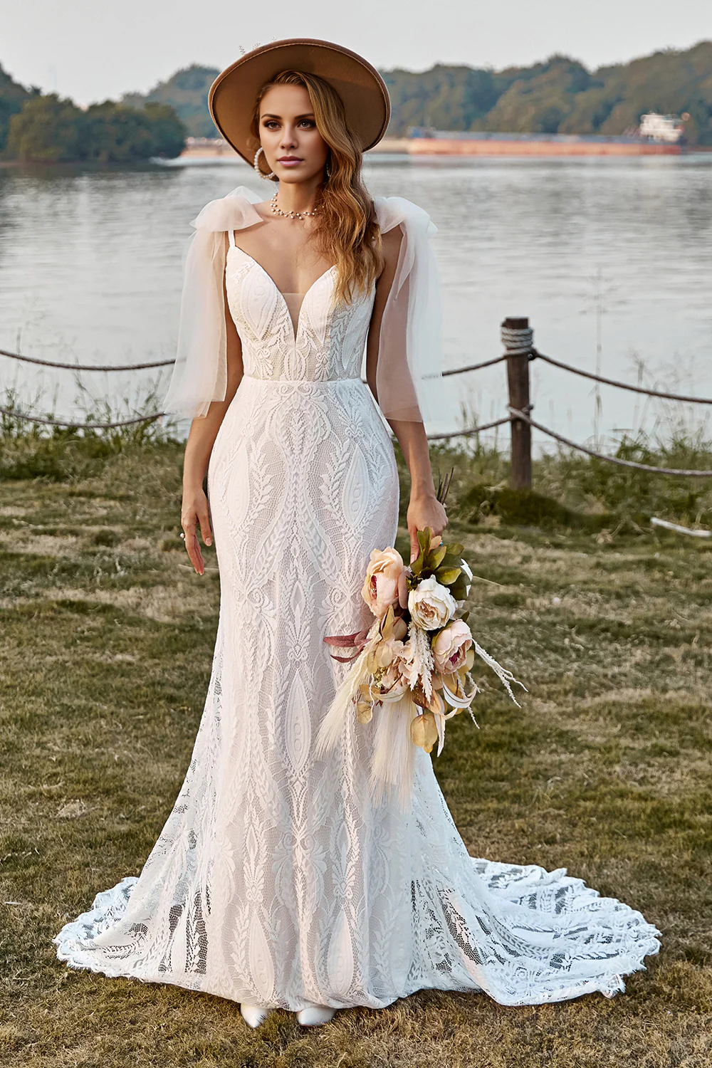 Ivory Mermaid Lace Sweep Train Dress Boho Wedding Dress With Bowknots