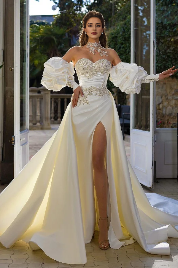 Mermaid Wedding Dress Sweetheart Detachable Sleeves Overskirt With Slit