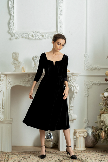 Wedding Guest Velvet Winter Vintage Dress Formal Cocktail Dress Long Sleeve Full Skirt Dress