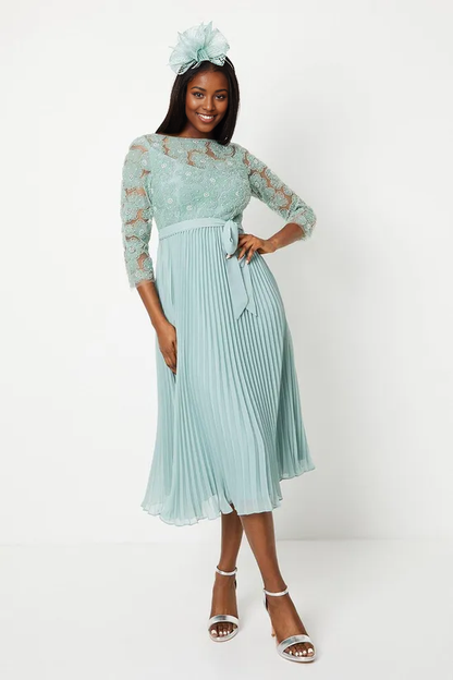 Embellished Bodice Pleated Skirt Midi Dress A-Line Mother of the Bride Dresse