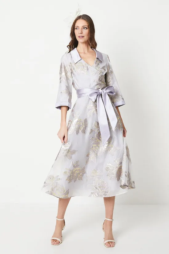 Metallic Jacquard Wrap Midi Dress A-Line 3/4 Length Sleeve Mother of the Bride Dresse