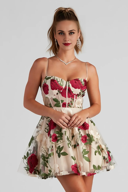 Cute A-Line Floral Bustier Party Dress Mini Dress Homecoming Dress