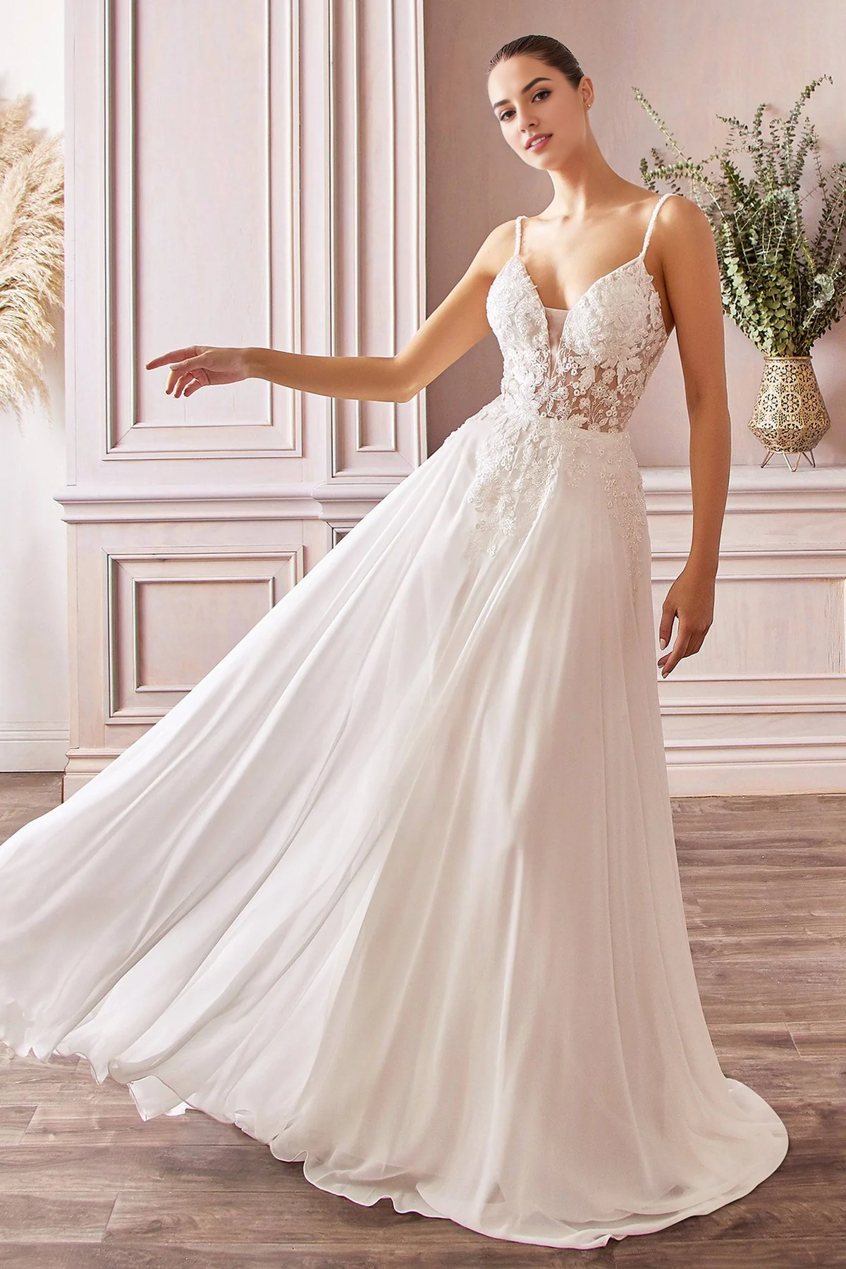 Elegant Wedding Dress V-Neck Lace Gown with Sheer Bodice and Long Flowy Dress