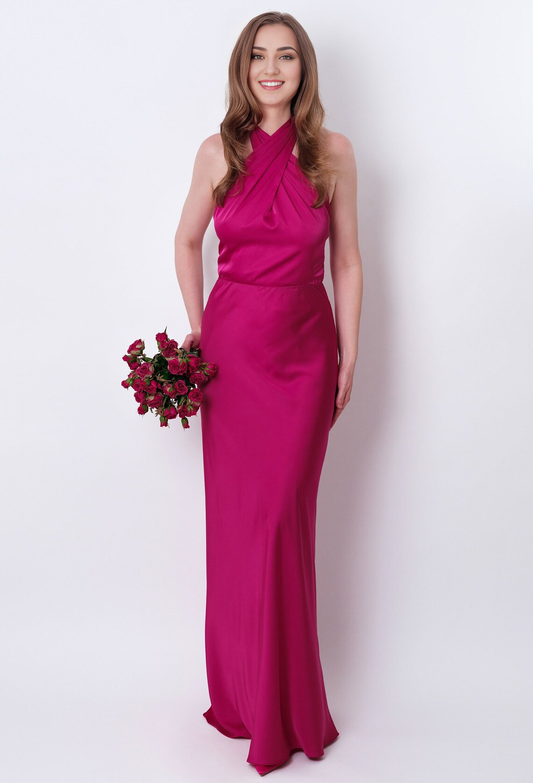 Fuschia Silk Satin Long Halter Open Back Bridesmaid Dress Wedding Guest Dress Evening Dress