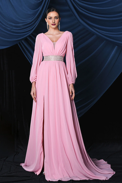 Pink Chiffon Long Sleeves Formal Prom Dress With Slit