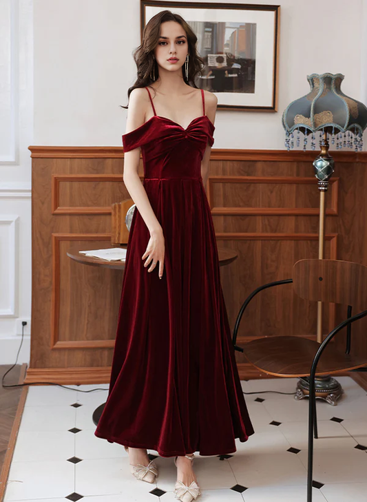 A-Line Velvet Simple Sweetheart Off Shoulder Party Dress Velvet Prom Dress Wedding Guest Party Dresses