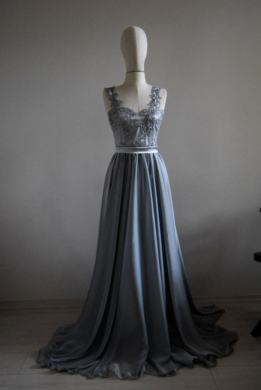 V-Neck Silk Grey Chiffon Lace Beads Embroidered Cap Sleeve Bridesmaid Dress Wedding Guest Dress