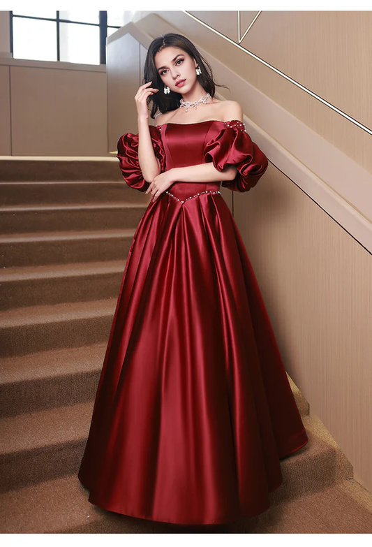 A-Line Princess Satin Beaded Long Party Dress Puffy Sleeves Prom Dress