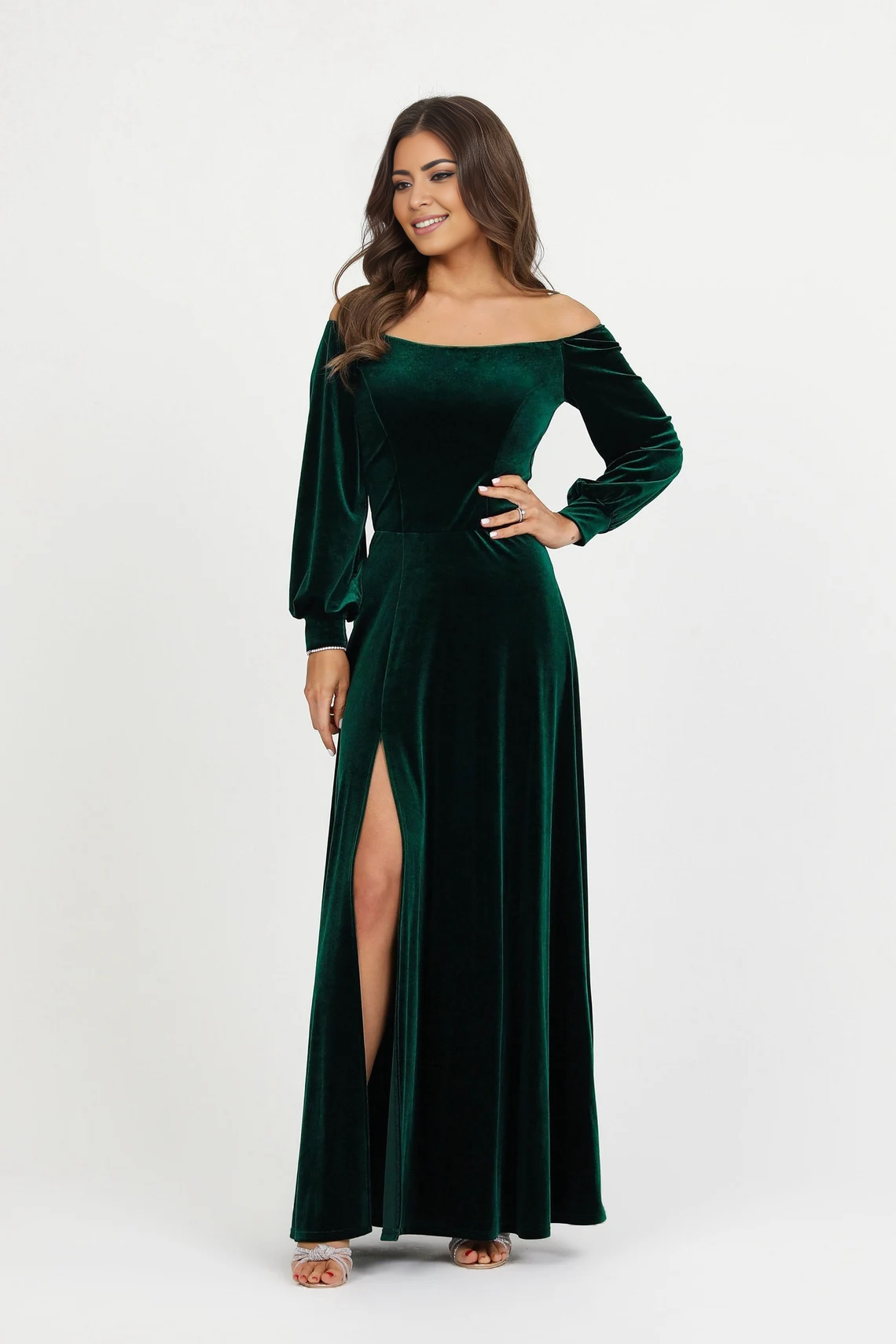 Emerald Green Velvet Dress Winter Bridesmaid Dress Off The Shoulders Wedding Guest Dress