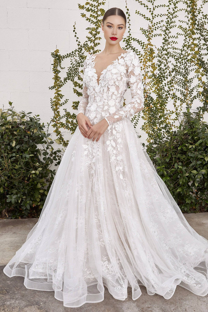 Long Sleeve Lace V-Neck Tulle Floral Wedding Dress with Flowing Train