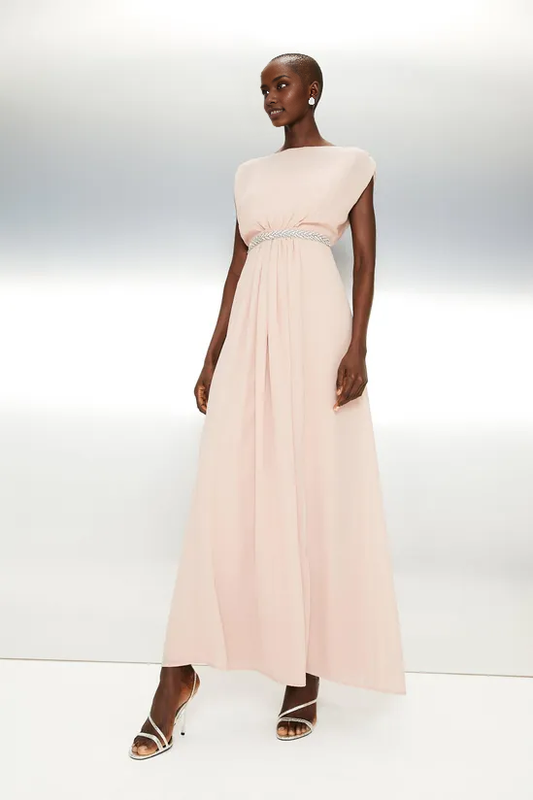 A-Line Blush Embellished Belt Floor-length Maxi Dress Wedding Guest Dresses