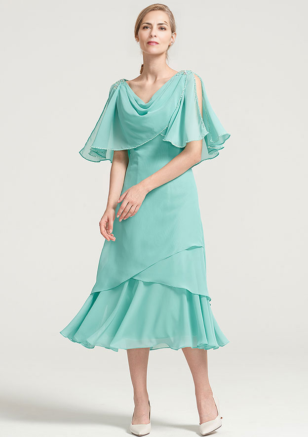 Tea-Length Chiffon Mother of the Bride Dress With Side Draping Crystal Detailing Ruffles