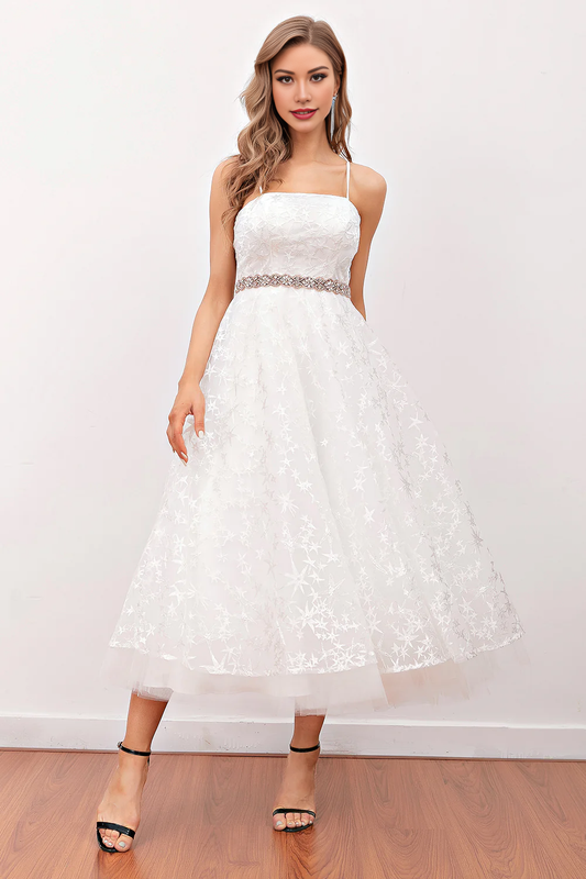 Cute A-Line White Lace Tulle Tea-length Dress Midi Prom Dress Wedding Dress