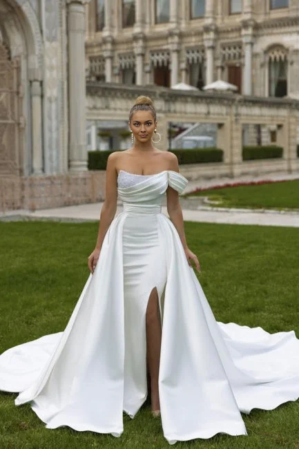 Off-the-Shoulder Mermaid Beads Wedding Dress Front Slit With Overskirt