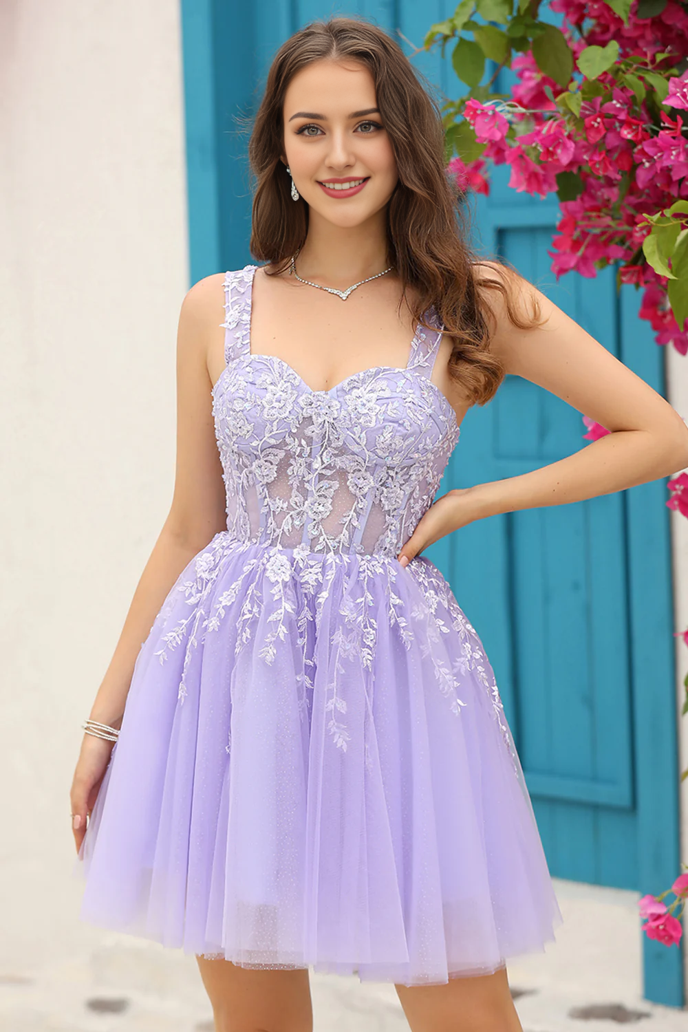 Lilac Corset Straps A-Line Short Lace Tulle Party Dress Homecoming Dress